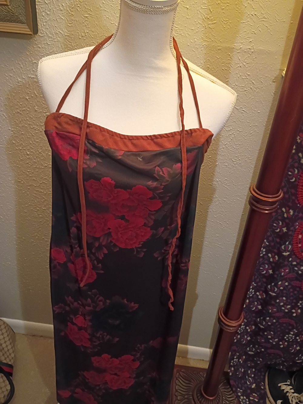 Women's Floral Satin Slip Dress Halter Neck - Red Floral on Black